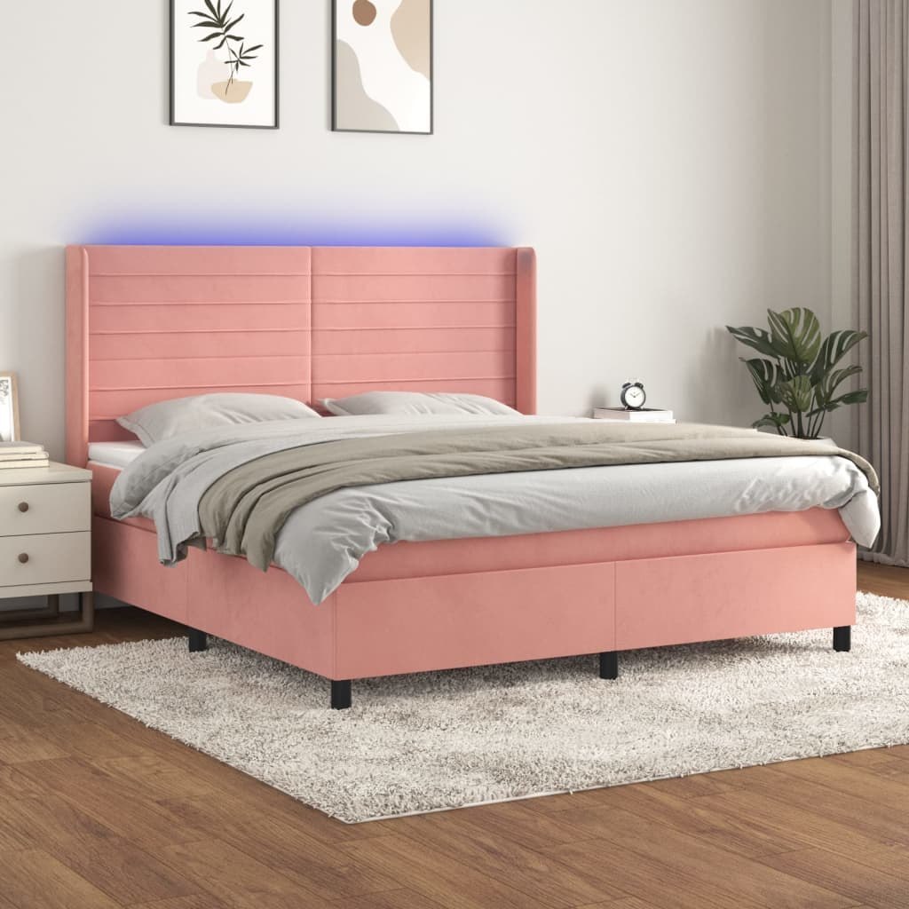 Lumarko Łóżko kontynentalne z materacem i LED, różowy aksamit 160x200cm