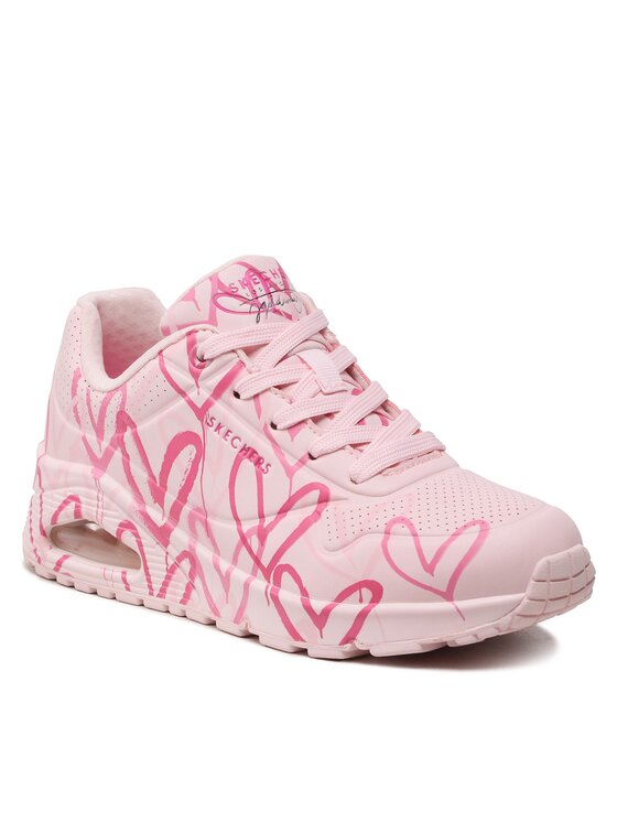 Skechers Damskie trampki UNO, różowe W wielokolorowy nadruk serca Durabuck/Mesh, 3 UK, Różowa W wielokolorowy nadruk w kształcie serca Durabuck Mesh, 36 EU