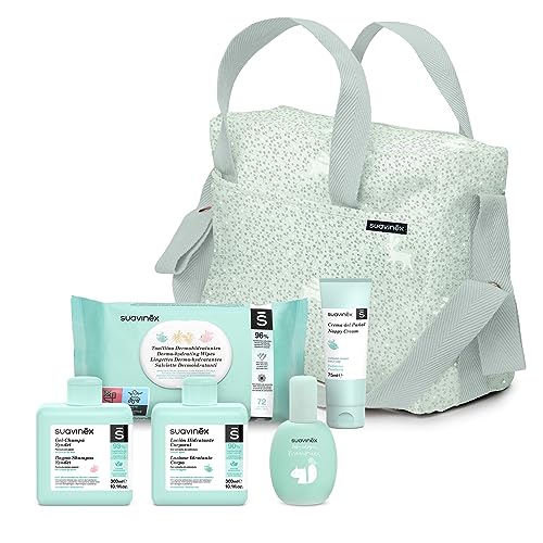 Suavinex, Wózek dziecięcy z kosmetykami: żel szampon Syndet 300 ml + balsam nawilżający 300 ml + maść 75 ml + Baby Cologne 100 ml + chusteczki 72 szt. miętowy