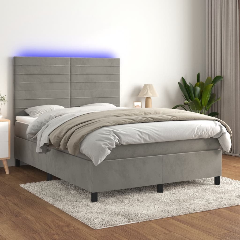 Lumarko Łóżko kontynentalne z materacem i LED  szare 140x200cm  aksamit