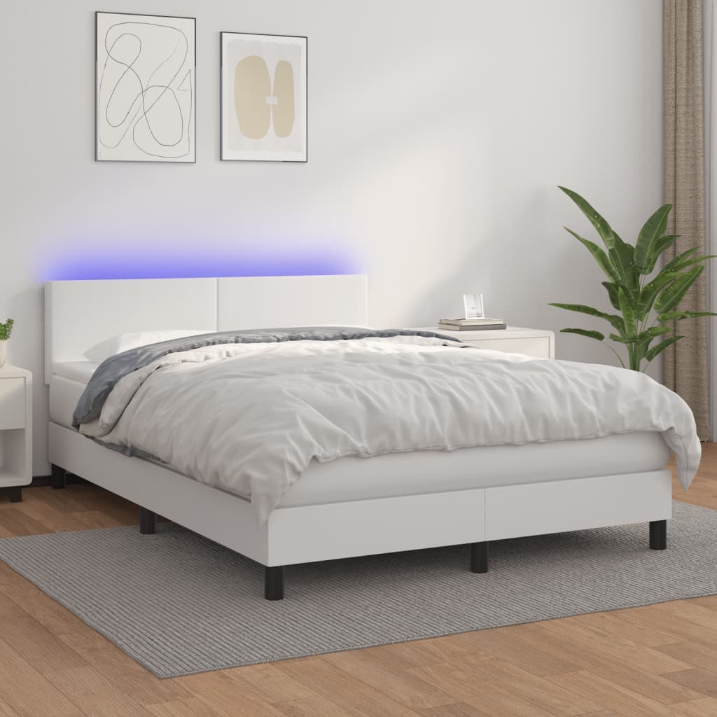 Lumarko Łóżko kontynentalne z materacem i LED  biała ekoskóra 140x190cm