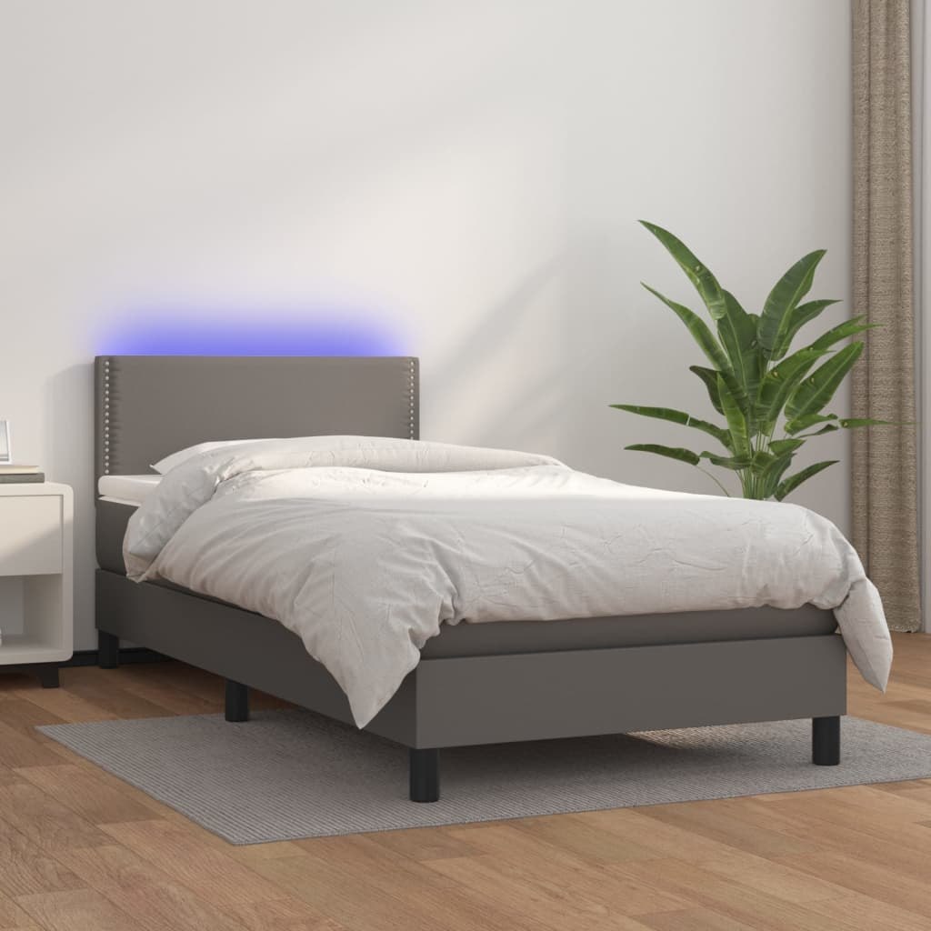 Lumarko Łóżko kontynentalne z materacem i LED, szara ekoskóra 100x200cm
