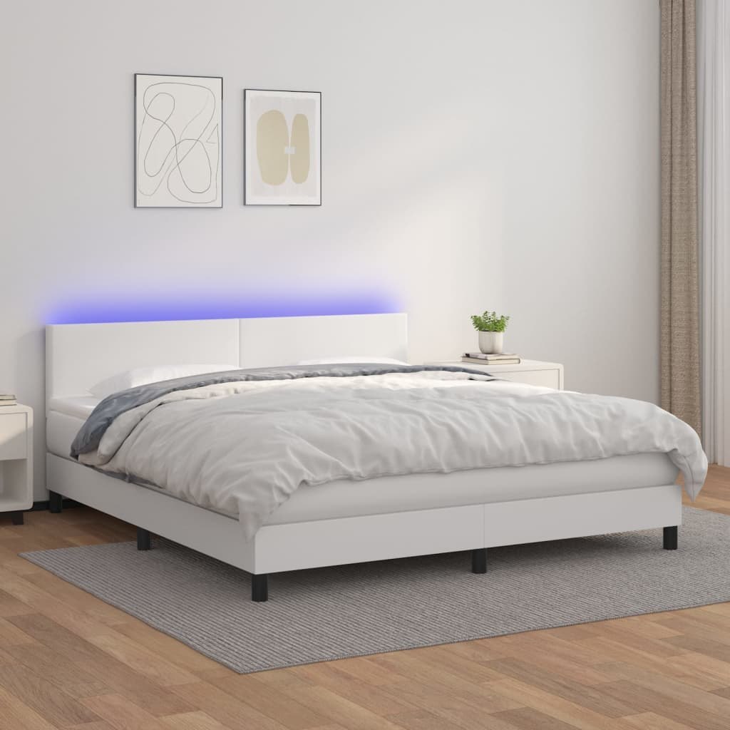 Lumarko Łóżko kontynentalne z materacem i LED, biała ekoskóra 180x200cm