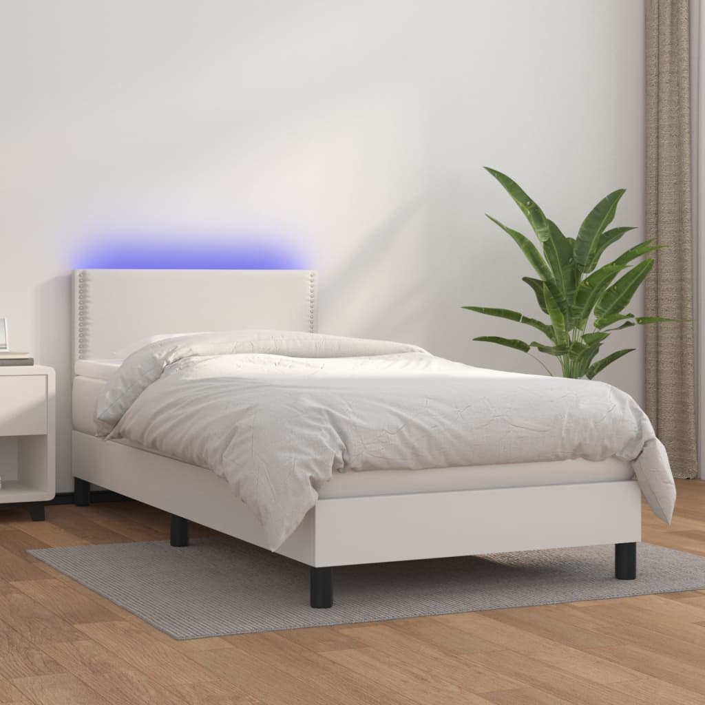 Lumarko Łóżko kontynentalne z materacem i LED, biała ekoskóra 100x200cm