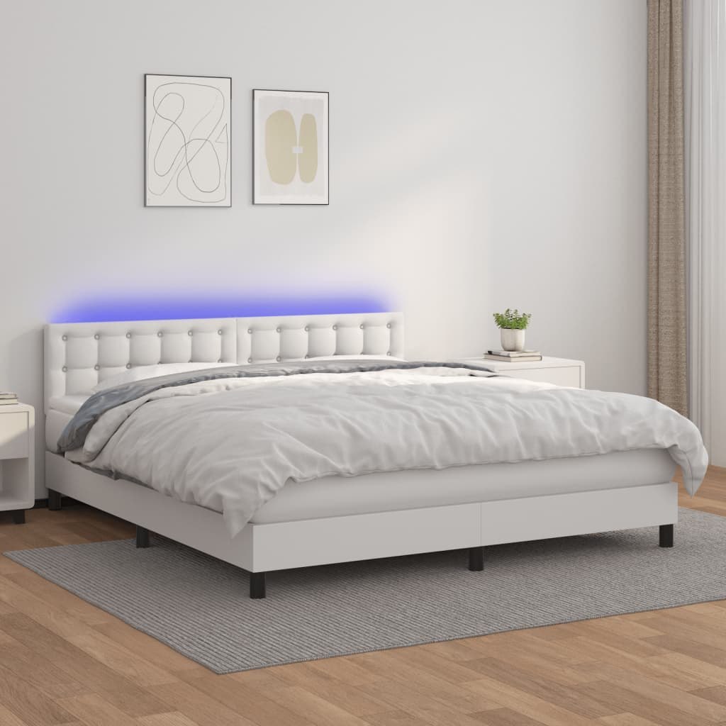 Lumarko Łóżko kontynentalne z materacem i LED, biała ekoskóra 180x200cm