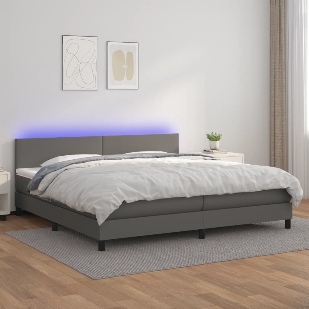 Lumarko Łóżko kontynentalne z materacem i LED, szara ekoskóra 200x200cm