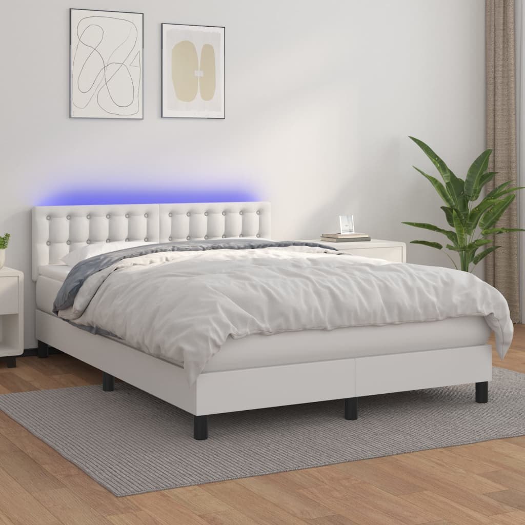 Lumarko Łóżko kontynentalne z materacem i LED  biała ekoskóra 140x200cm