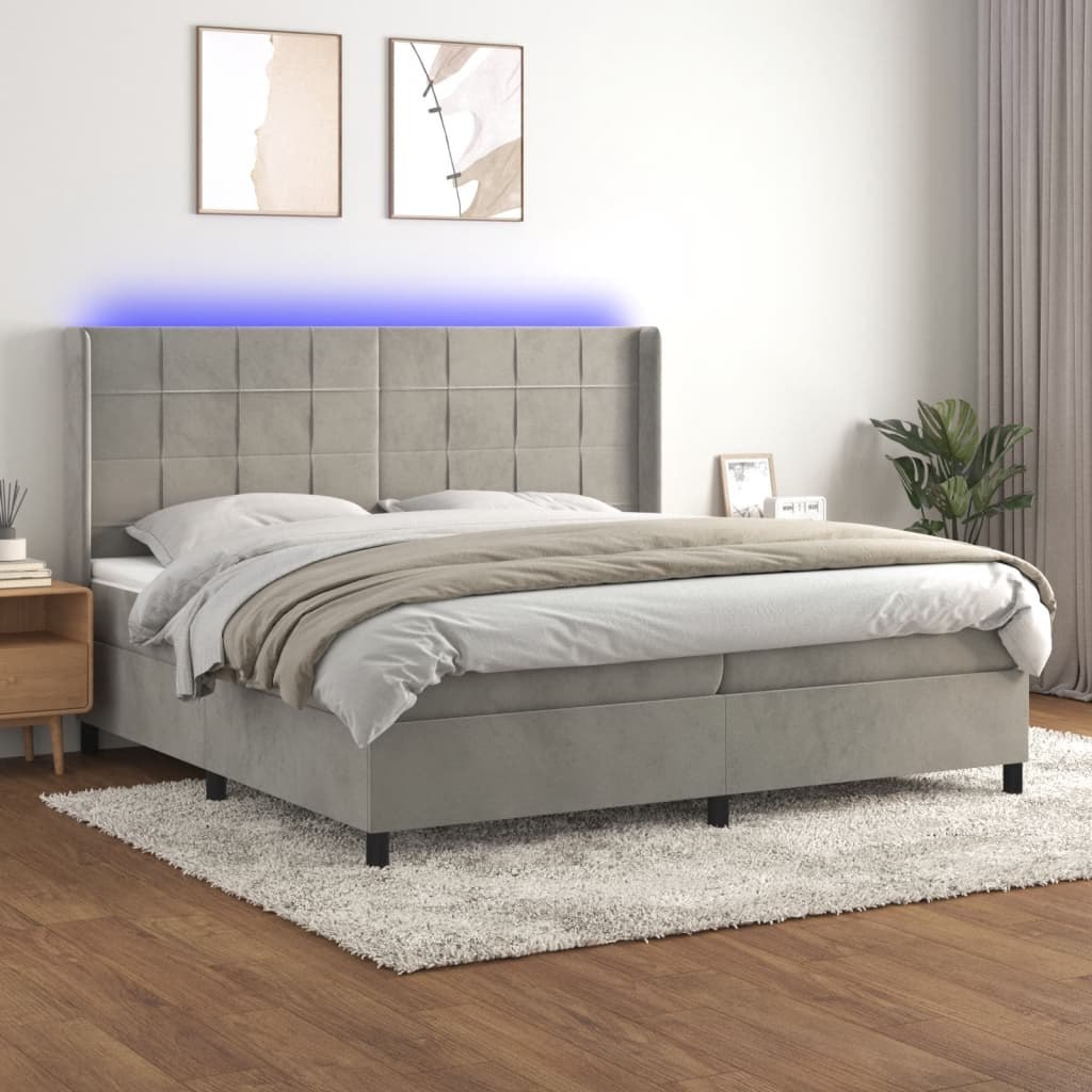 Lumarko Łóżko kontynentalne z materacem i LED, szare 200x200cm, aksamit