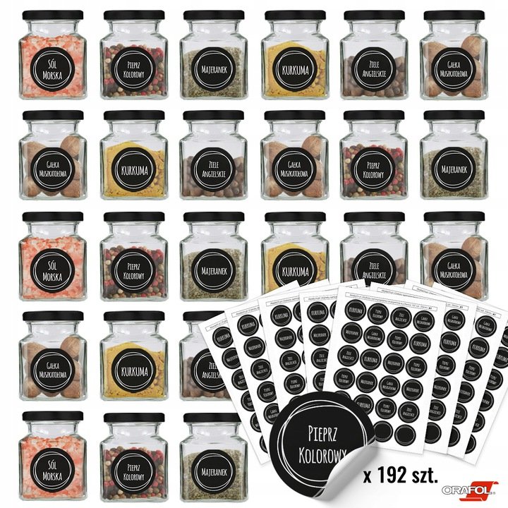 Słoik Na Przyprawy 150Ml 24Szt + 192 Naklejki Na Przyprawy A1 Z Czarną Zakrętką