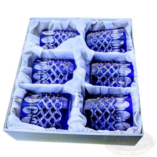 Kobaltowe kryształowe szklanki do whisky 280ml Krata Oliwka 6 sztuk