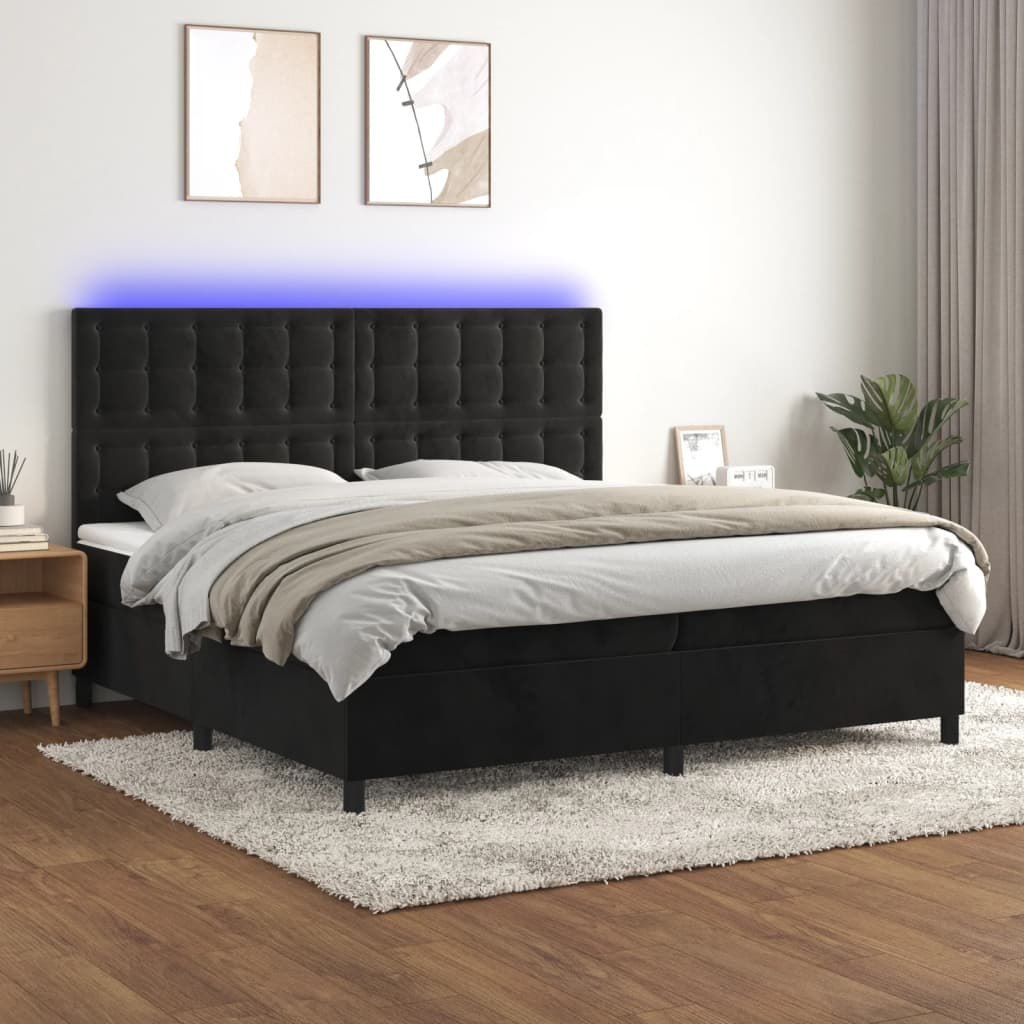 Lumarko Łóżko kontynentalne z materacem i LED, czarny aksamit 200x200cm