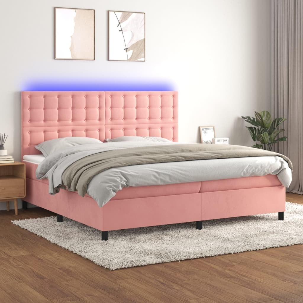 Lumarko Łóżko kontynentalne z materacem i LED, różowy aksamit 200x200cm