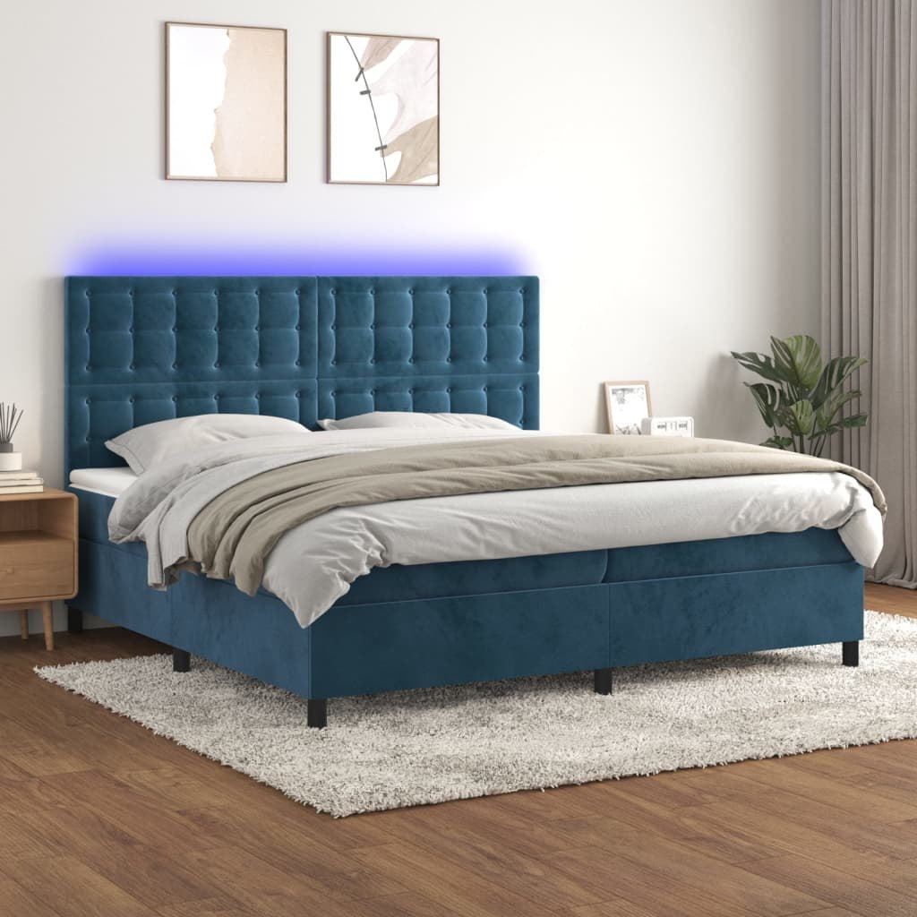 Lumarko Łóżko kontynentalne, materac i LED, niebieski aksamit 200x200cm
