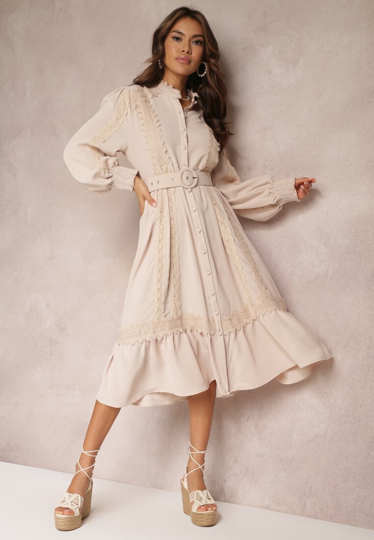 Beżowa Koszulowa Sukienka Midi z Koronką i Paskiem z Klamrą Tocotte