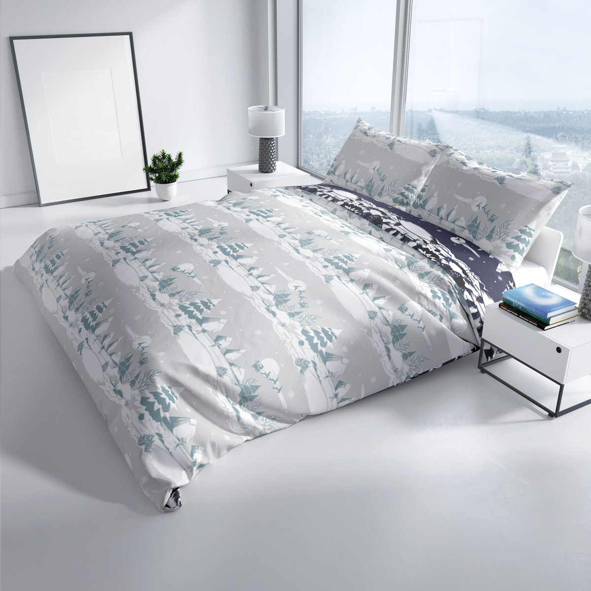 Pościel świąteczna Carbotex, 100% bawełny, 160x200 +2x70x80cm, zimowy krajobraz
