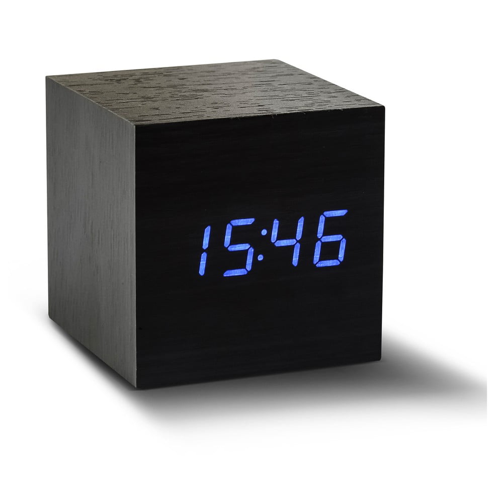 Czarny budzik z niebieskim wyświetlaczem LED Gingko Cube Click Clock