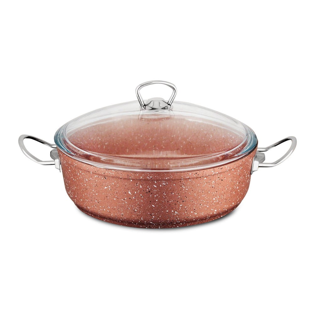 Różowy niski aluminiowy garnek z pokrywką Güral Porselen Classic, ø 26 cm