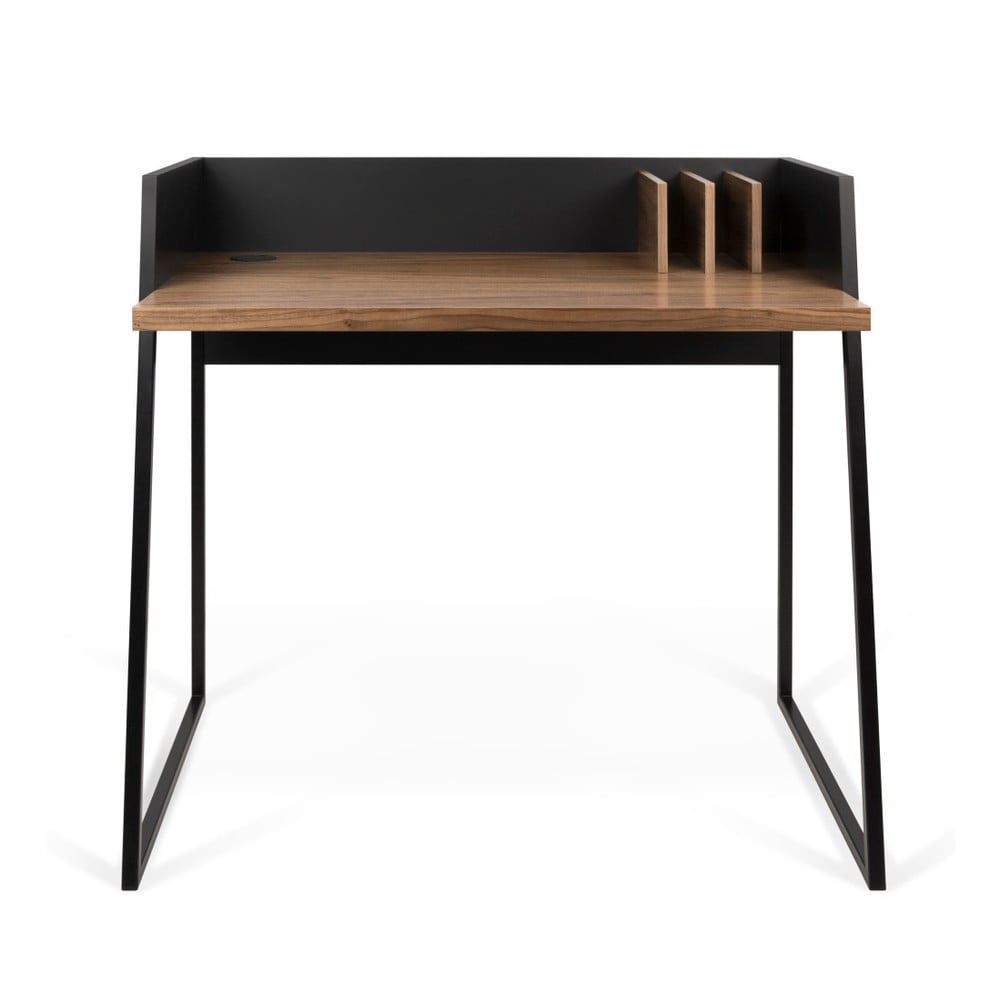 Czarne biurko z elementami z dekorem drewna orzecha TemaHome Volga Walnut