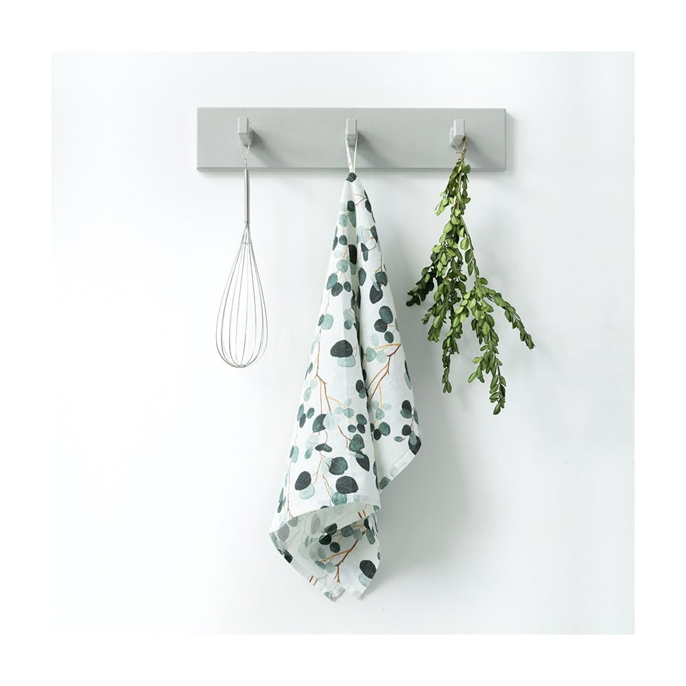Biało-zielony lniany ręcznik kuchenny Linen Tales Eucalyptus, 65x45 cm