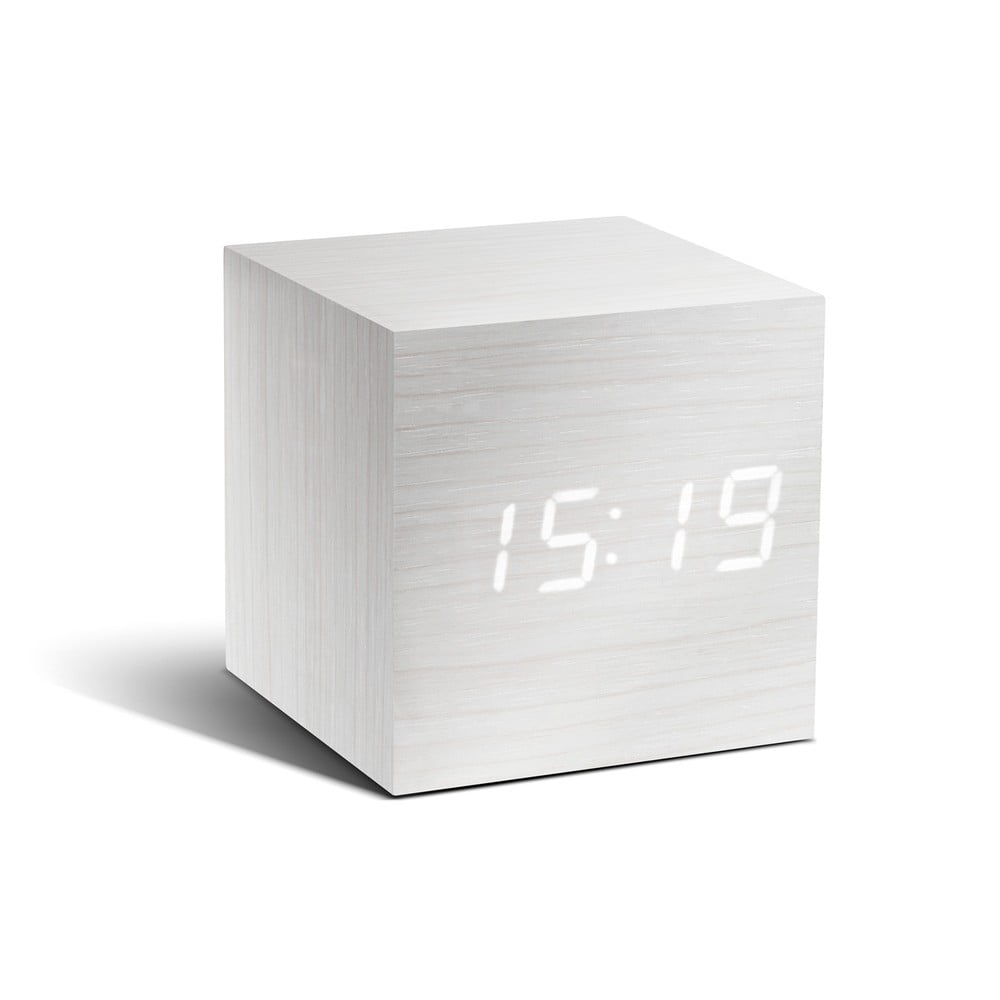 Biały budzik z białym wyświetlaczem LED Gingko Cube Click Clock