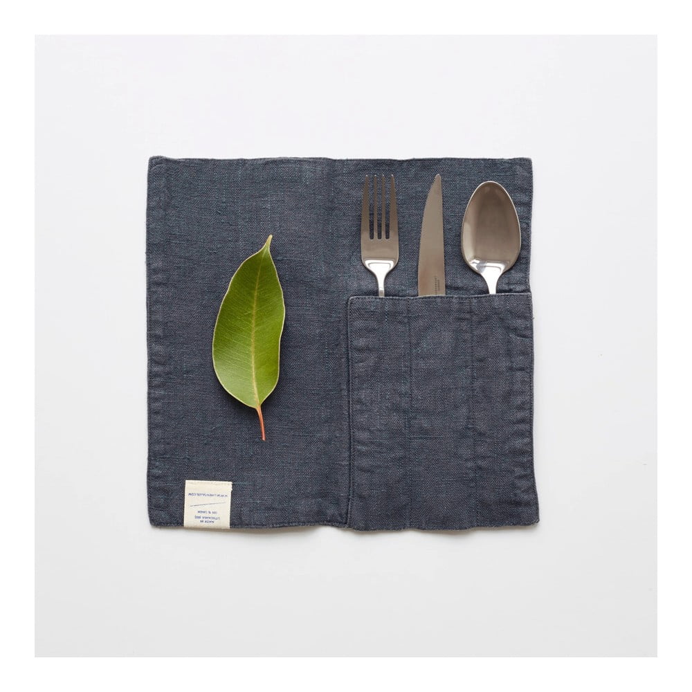 Zestaw 2 ciemnoszarych lnianych kieszonek na sztućce Linen Tales