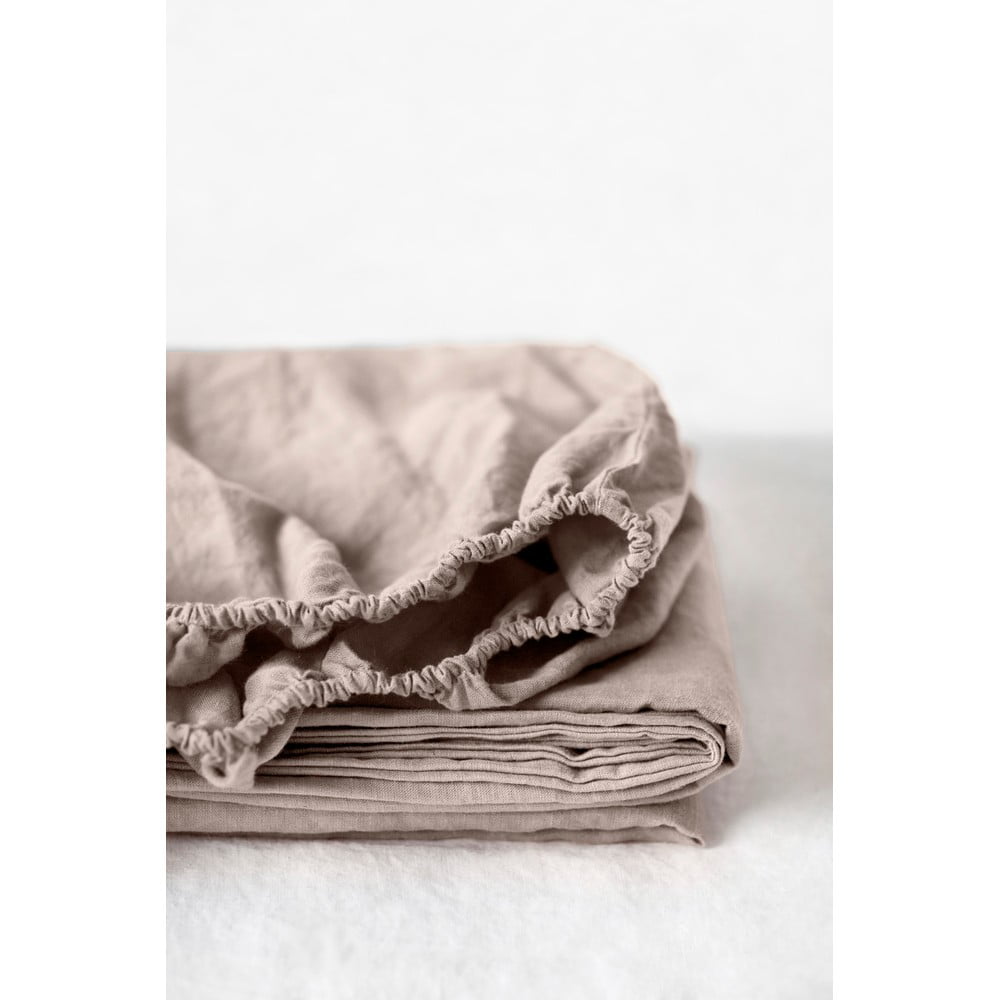 Jasnobrązowe elastyczne prześcieradło lniane Linen Tales, 180x200 cm