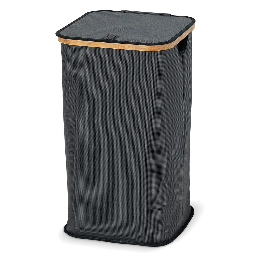 Antracytowy materiałowy kosz na pranie z bambusową krawędzią Domopak Hamper, wys. 58,5 cm