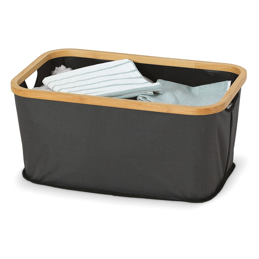 Antracytowy materiałowy kosz na pranie z bambusową krawędzią Domopak Hamper, 54x34 cm