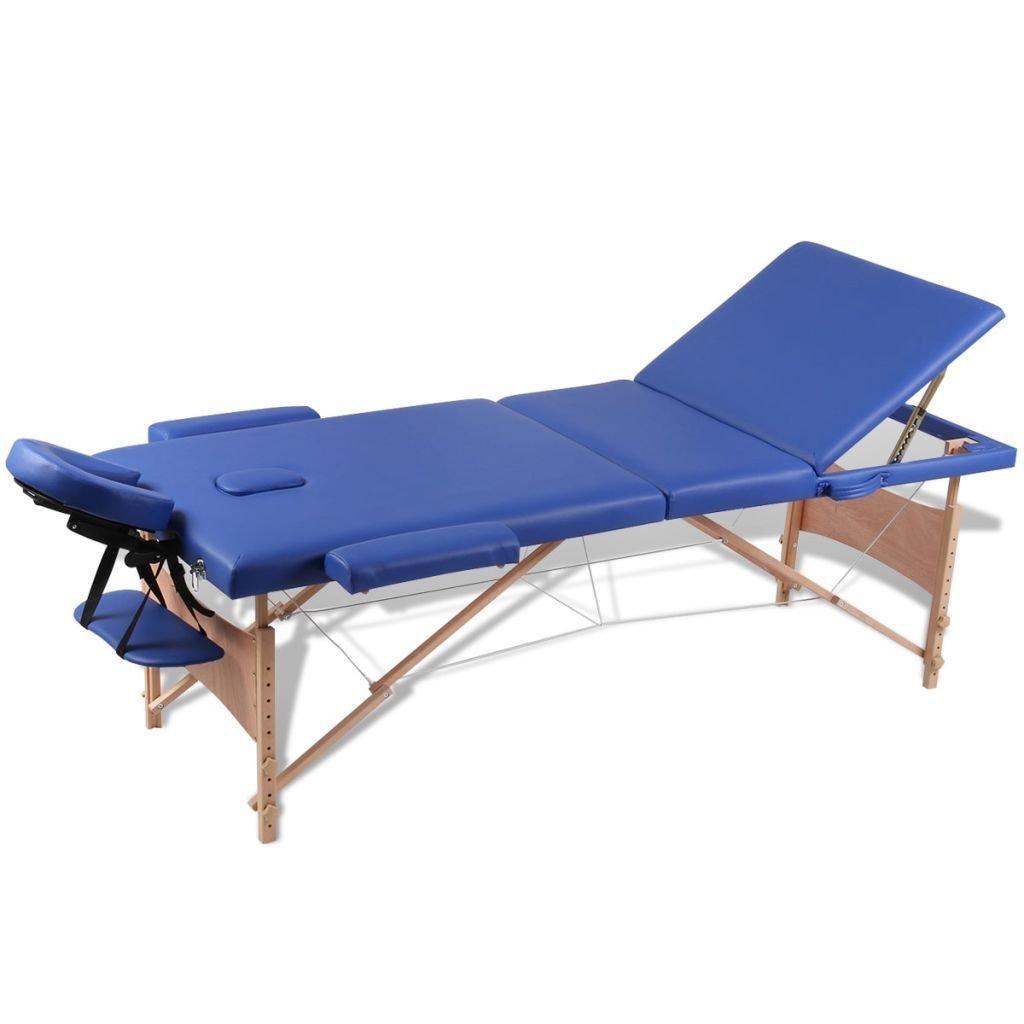 vidaXL vidaXL Niebieski składany stół do masażu 3 strefy z drewnianą ramą
