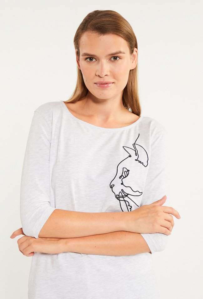 T-shirt damski z haftowanym wzorem - Monnari