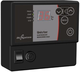 UNISTER - elektroniczny miarkownik ciągu kotła na paliwa stałe, sterujący klapą dolotu powietrza i ompą c.o.