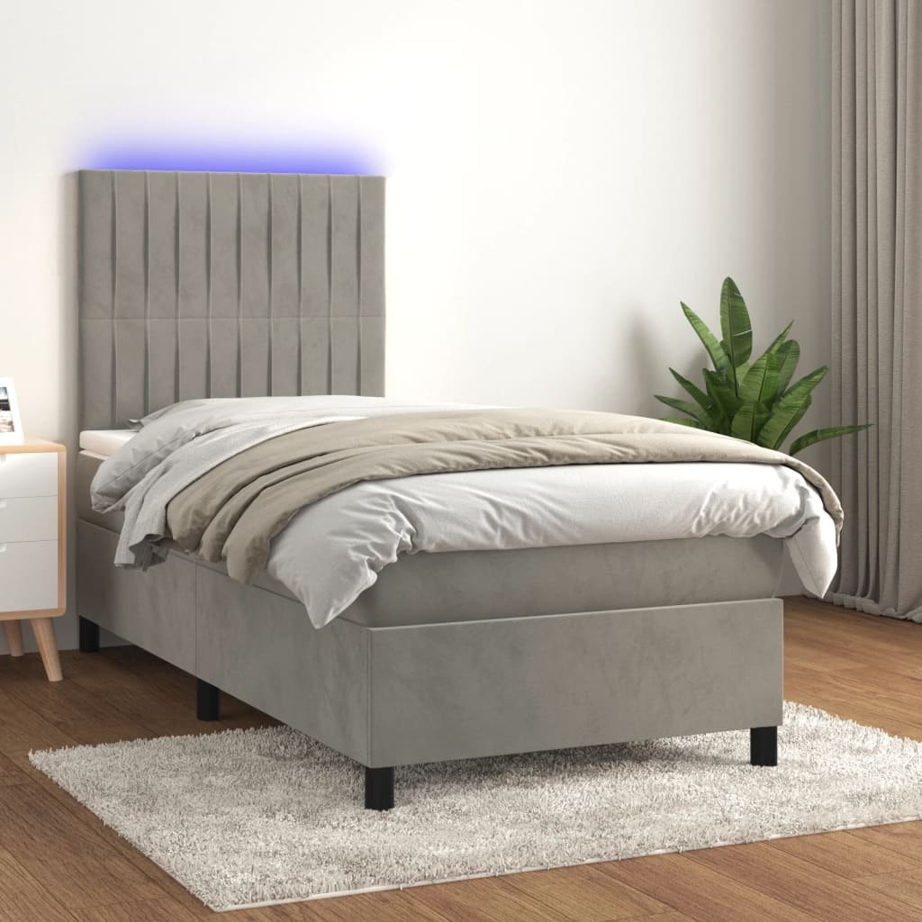 Lumarko Łóżko kontynentalne z materacem i LED, szare 100x200cm, aksamit