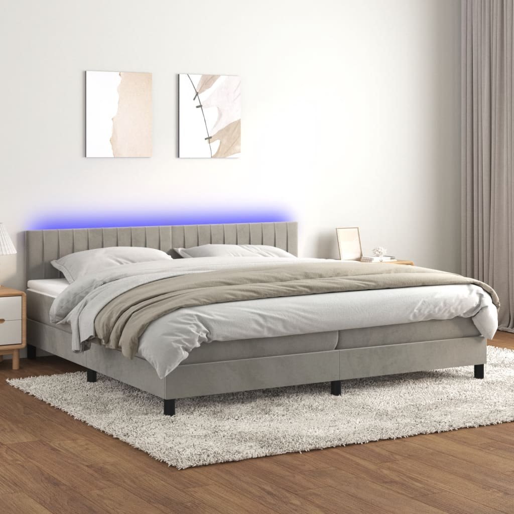 Lumarko Łóżko kontynentalne z materacem i LED, szare 200x200cm, aksamit