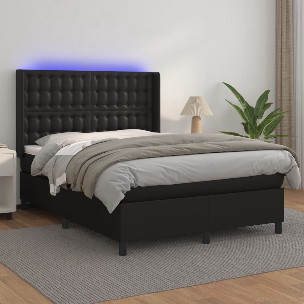 Lumarko Łóżko kontynentalne z materacem i LED czarna ekoskóra 140x200cm