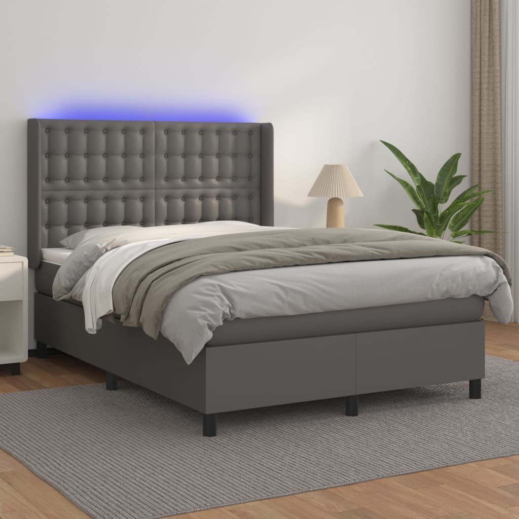 Lumarko Łóżko kontynentalne z materacem i LED  szara ekoskóra 140x200cm
