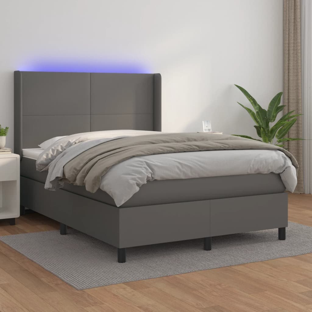 Lumarko Łóżko kontynentalne z materacem i LED  szara ekoskóra 140x200cm