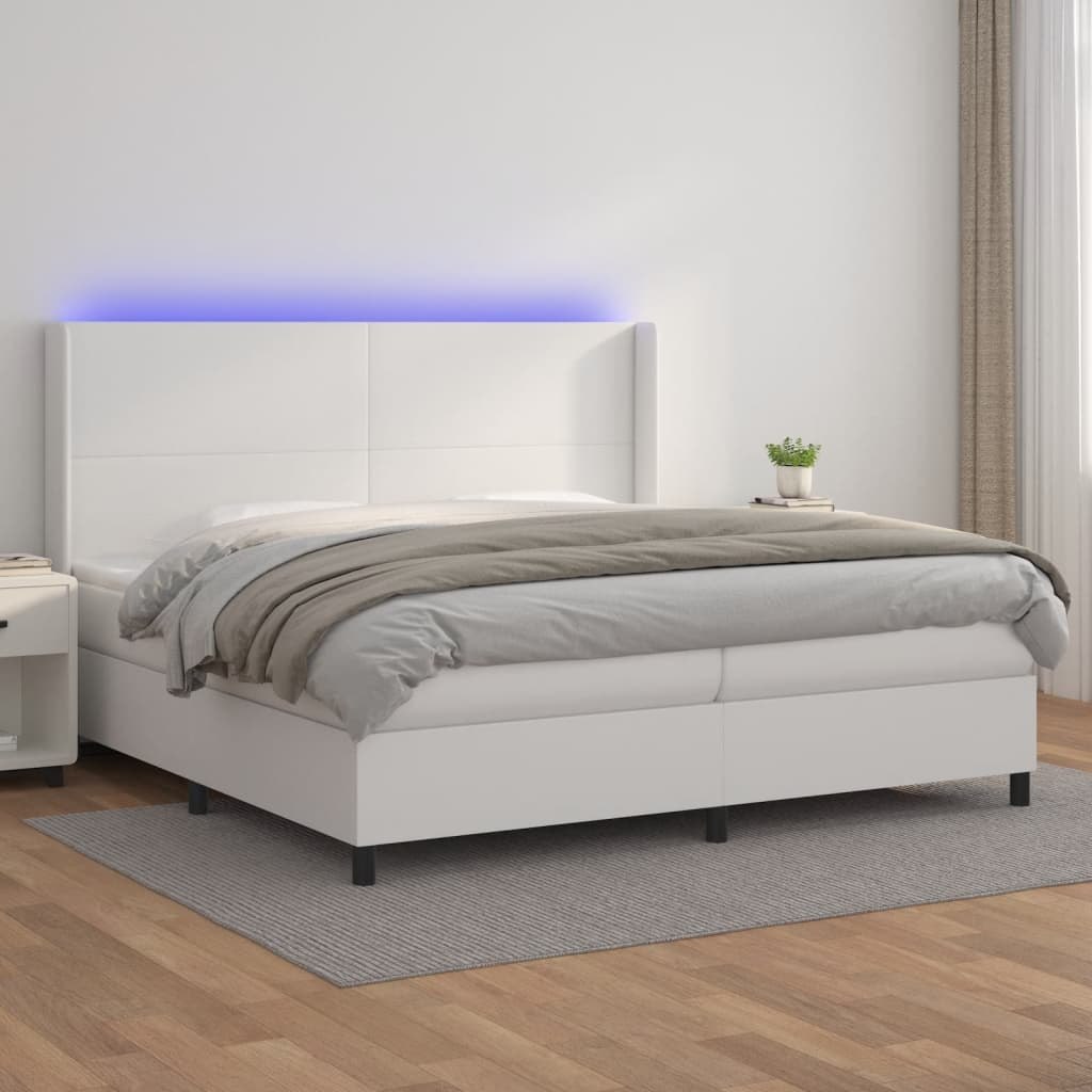 Lumarko Łóżko kontynentalne z materacem i LED, biała ekoskóra 200x200cm