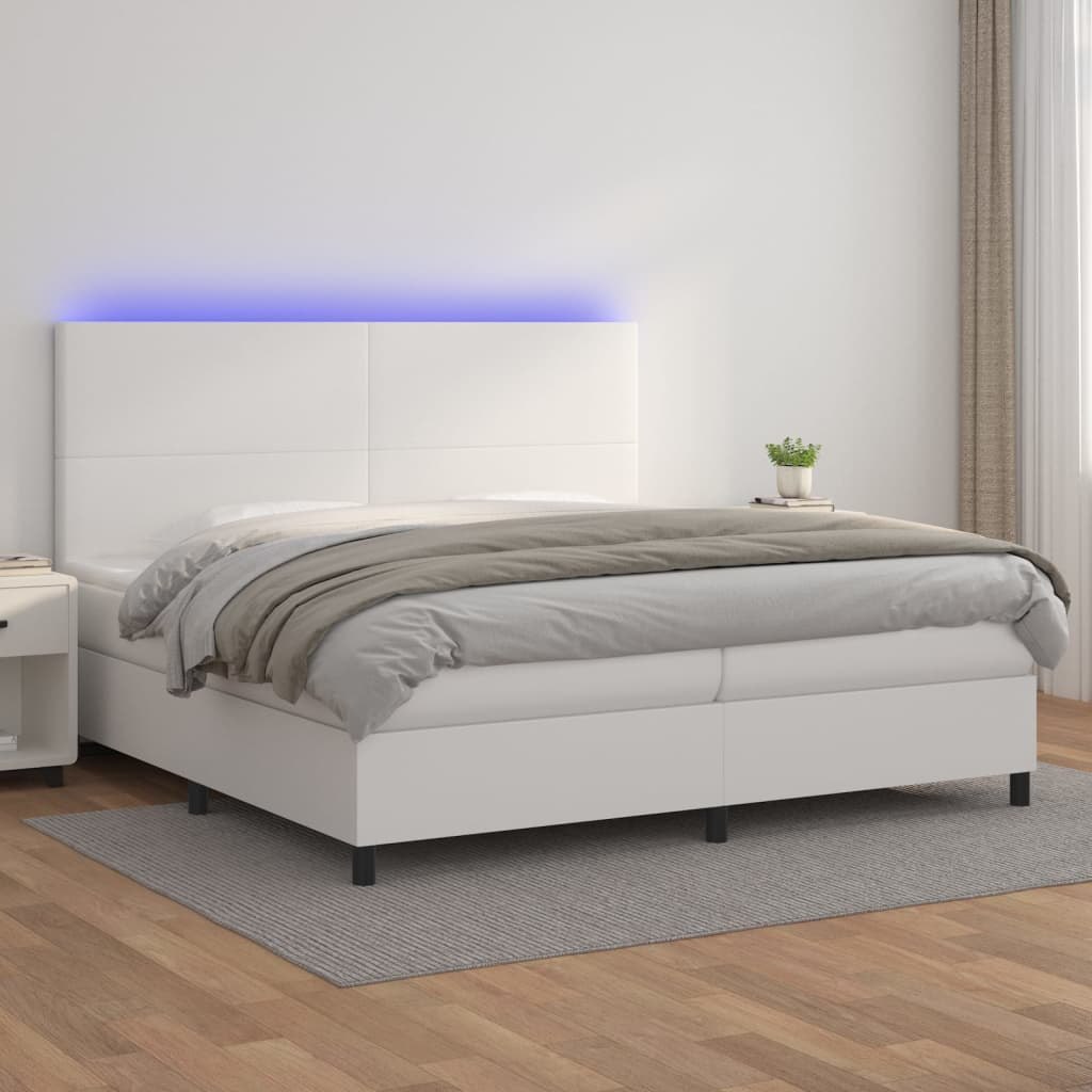 Lumarko Łóżko kontynentalne z materacem i LED, biała ekoskóra 200x200cm