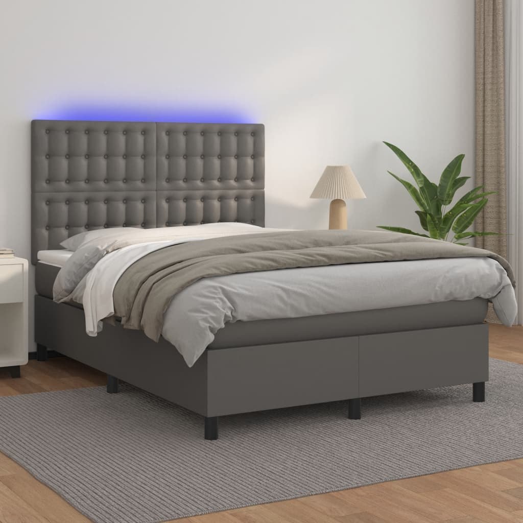 Lumarko Łóżko kontynentalne z materacem i LED  szara ekoskóra 140x200cm