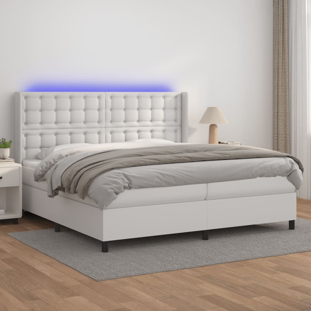Lumarko Łóżko kontynentalne z materacem i LED, biała ekoskóra 200x200cm