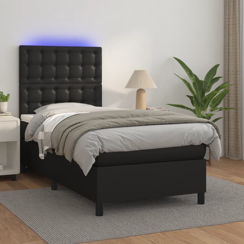 Lumarko Łóżko kontynentalne z materacem i LED czarna ekoskóra 90x200 cm