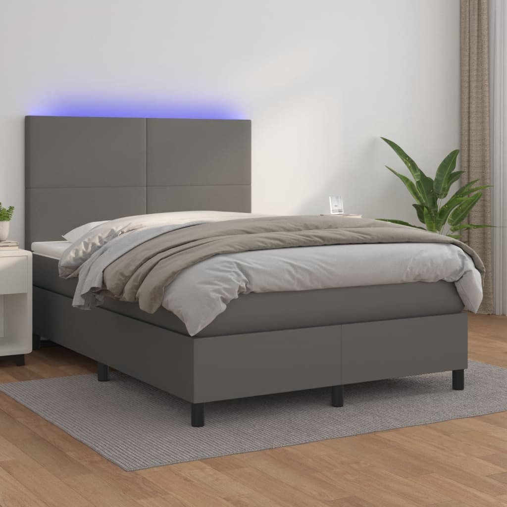 Lumarko Łóżko kontynentalne z materacem i LED  szara ekoskóra 140x200cm