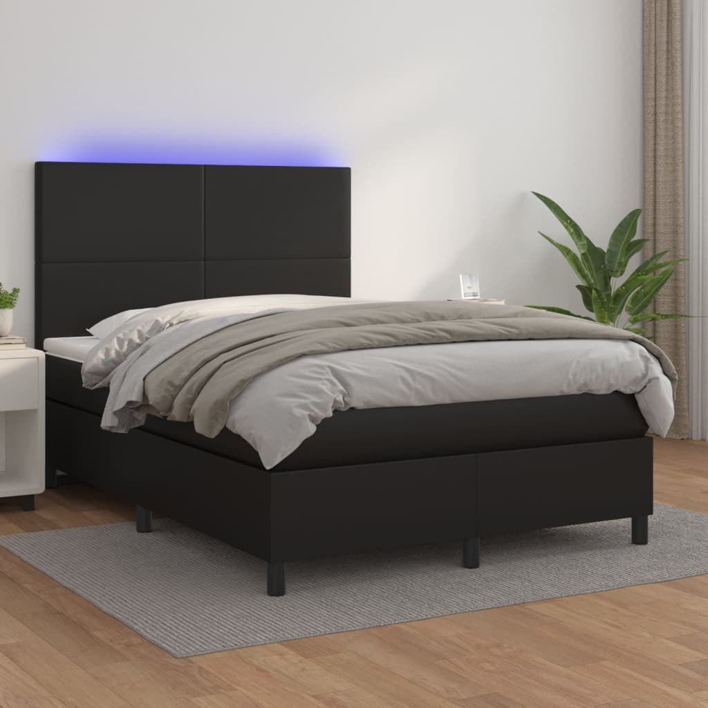 Lumarko Łóżko kontynentalne z materacem i LED czarna ekoskóra 140x200cm
