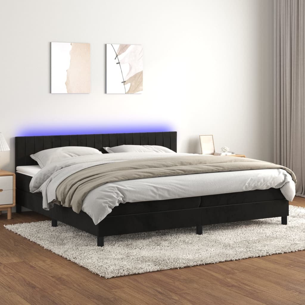 Lumarko Łóżko kontynentalne z materacem i LED, czarny aksamit 200x200cm