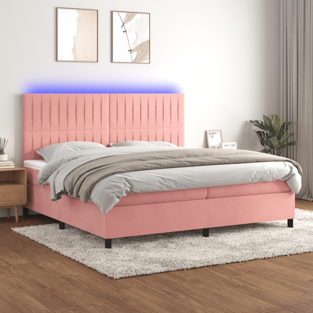Lumarko Łóżko kontynentalne z materacem i LED, różowy aksamit 200x200cm