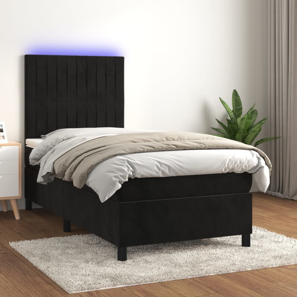 Lumarko Łóżko kontynentalne z materacem i LED, czarny aksamit 100x200cm