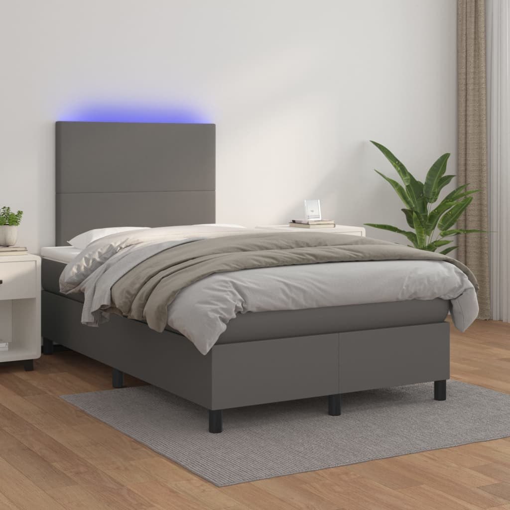 Lumarko Łóżko kontynentalne z materacem i LED, szara ekoskóra 120x200cm