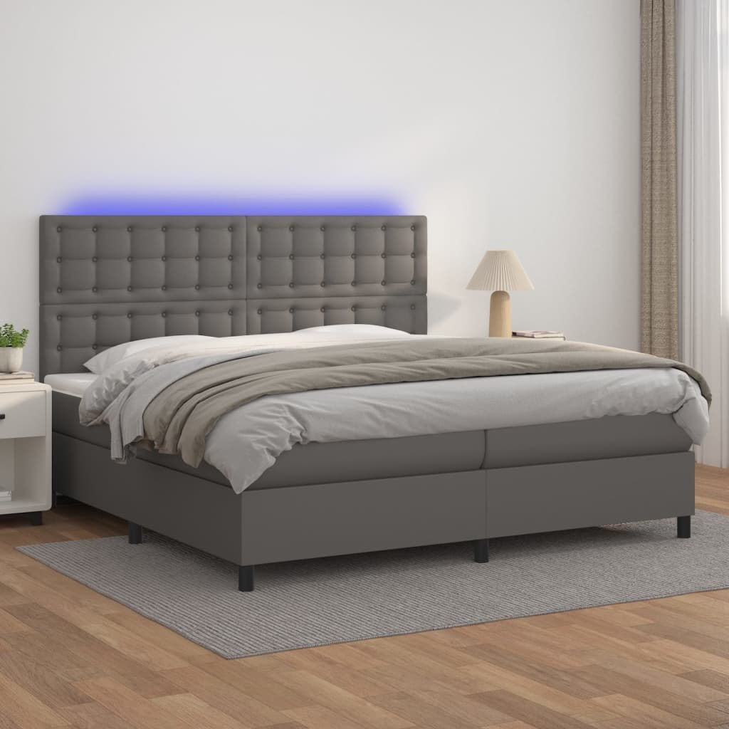 Lumarko Łóżko kontynentalne z materacem i LED, szara ekoskóra 200x200cm