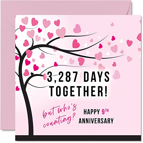 Zabawna kartka rocznicowa z wiklą dla żony lub męża - 3287 dni razem - prezenty 'I Love You', kartki z okazji 9. rocznicy ślubu dla partnera, 145 mm x 145 mm kartki z życzeniami na dziewiąte rocznice
