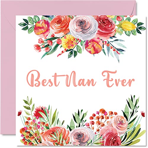 Kartki urodzinowe dla niani - 'Best Nan Ever' - piękna kartka urodzinowa dla babci od wnuka, prezenty urodzinowe dla niani od wnuka, 145 mm x 145 mm kartki z życzeniami na Dzień Matki dla niani
